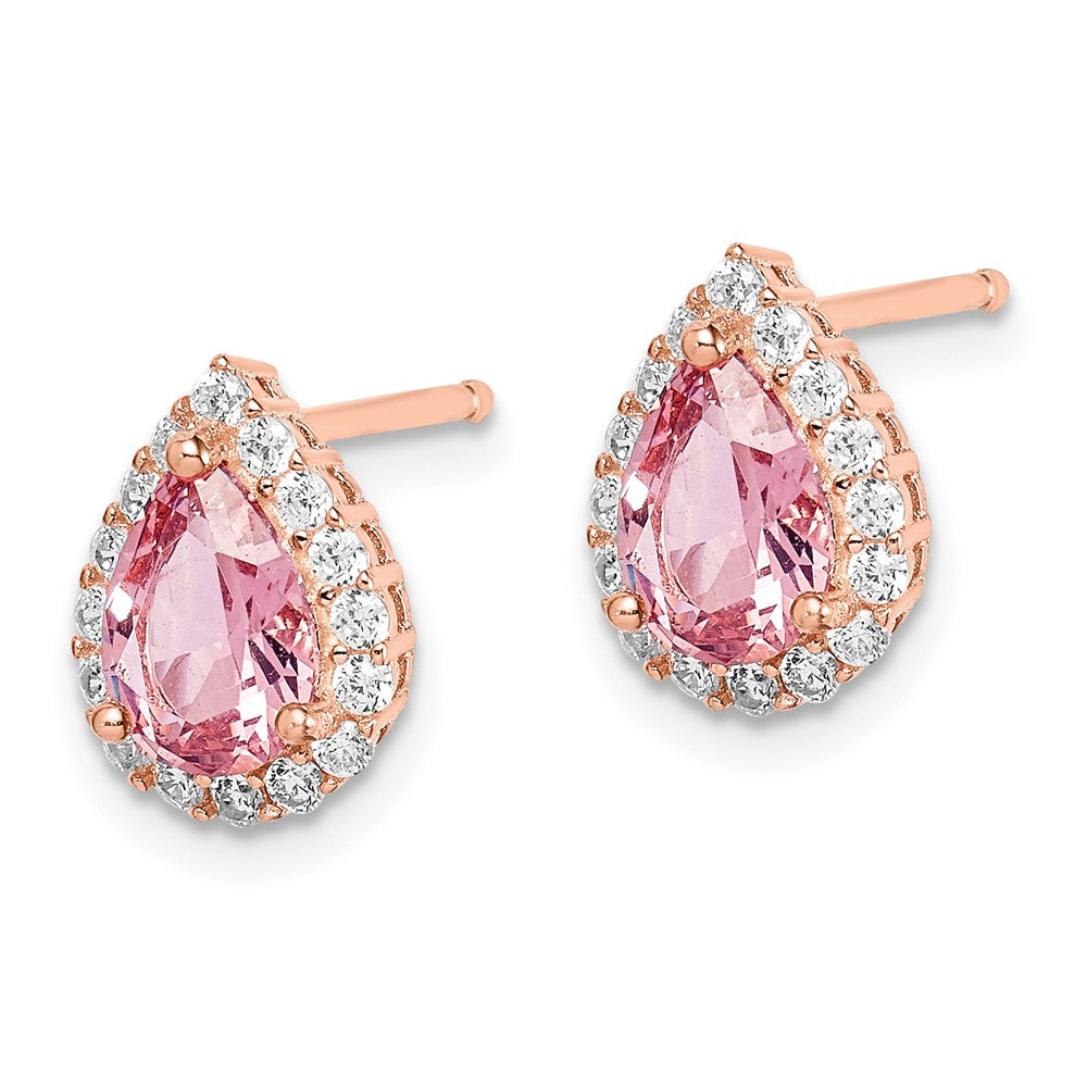 Sterling Silver Rose-plated Post CZ and Pear Teardrop Pink Crystal Earring