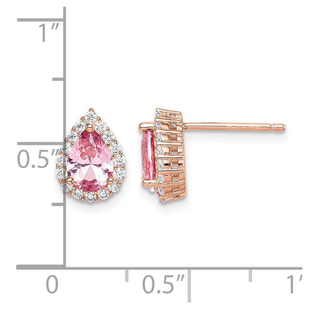 Sterling Silver Rose-plated Post CZ and Pear Teardrop Pink Crystal Earring