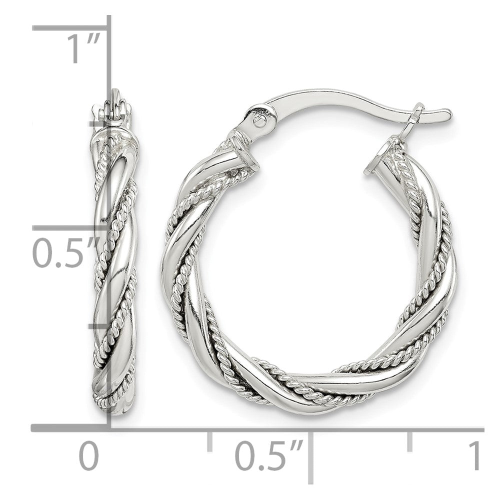 Sterling Silver Twisted Textured 3x20mm Hoop Earrings