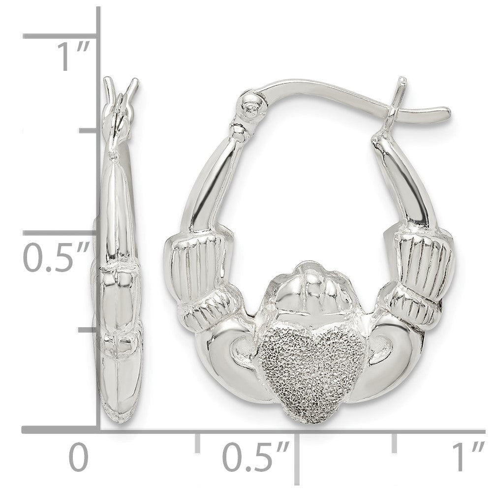Sterling Silver Polished & Laser Cut Claddagh Hoop Earrings