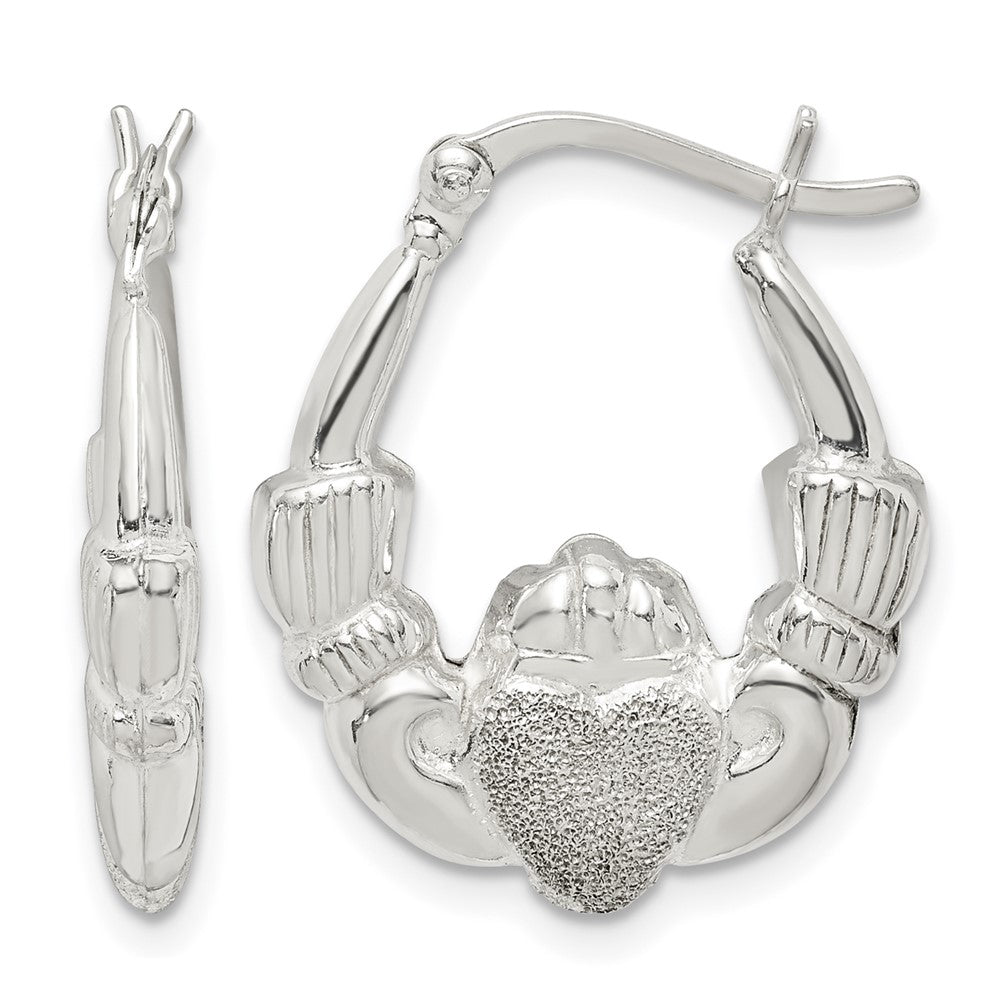 Sterling Silver Polished & Laser Cut Claddagh Hoop Earrings