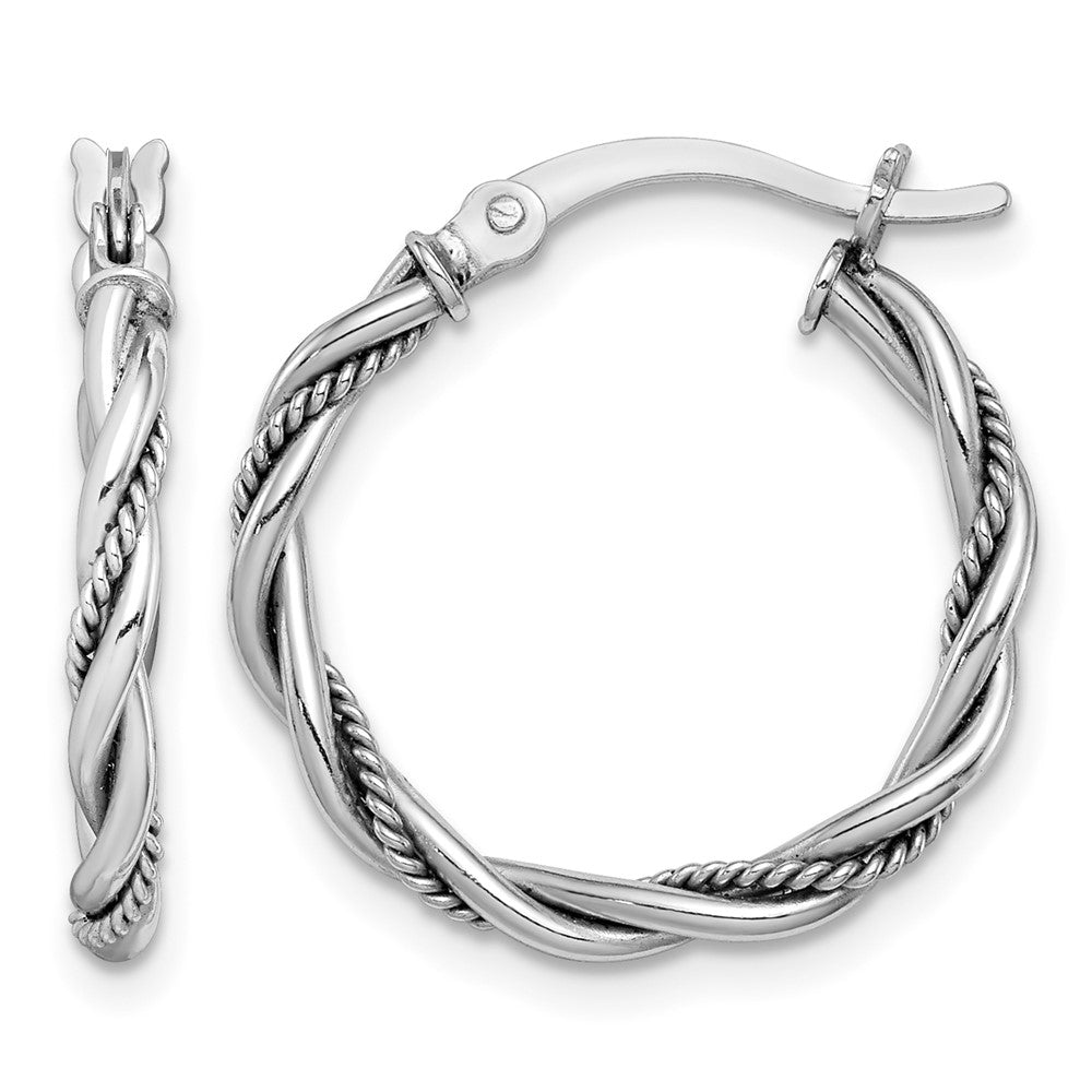 Sterling Silver Rhodium-plated Antiqued 2x20mm Twisted Hoop Earrings