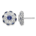 Sterling Silver RH Plated CZ and Synthetic Blue Spinel Flower Post Earrings