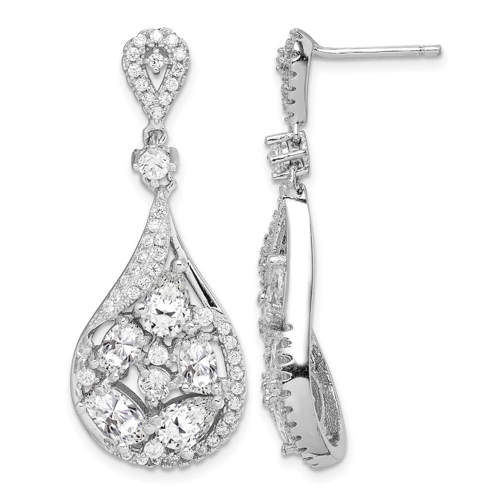 Sterling Silver RH-plated Polished Fancy CZ Teardrop Post Dangle Earrings