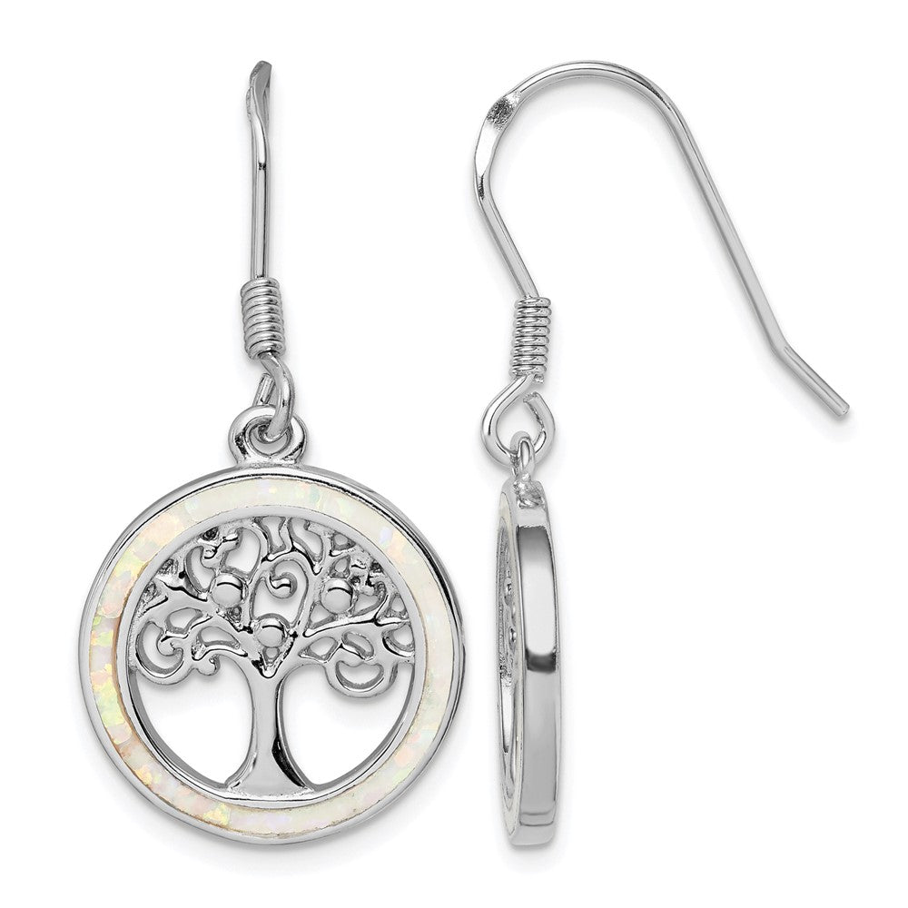 Sterling Silver Rhod-plated Creat Opal Circle w/ Tree Dangle Earrings