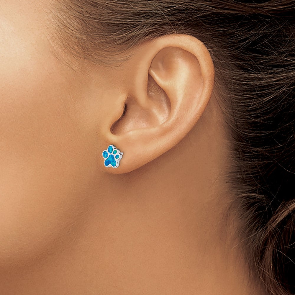 Sterling Silver Rhodium-plated Blue Created Opal Paw Print Post Earrings