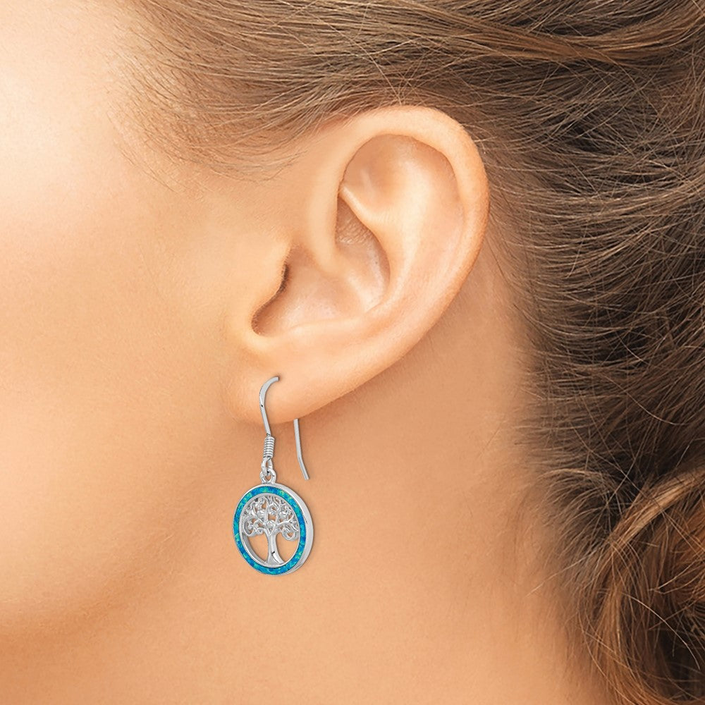 Sterling Silver Rhodium-plated Creat Blue Opal w/ Tree Dangle Earrings