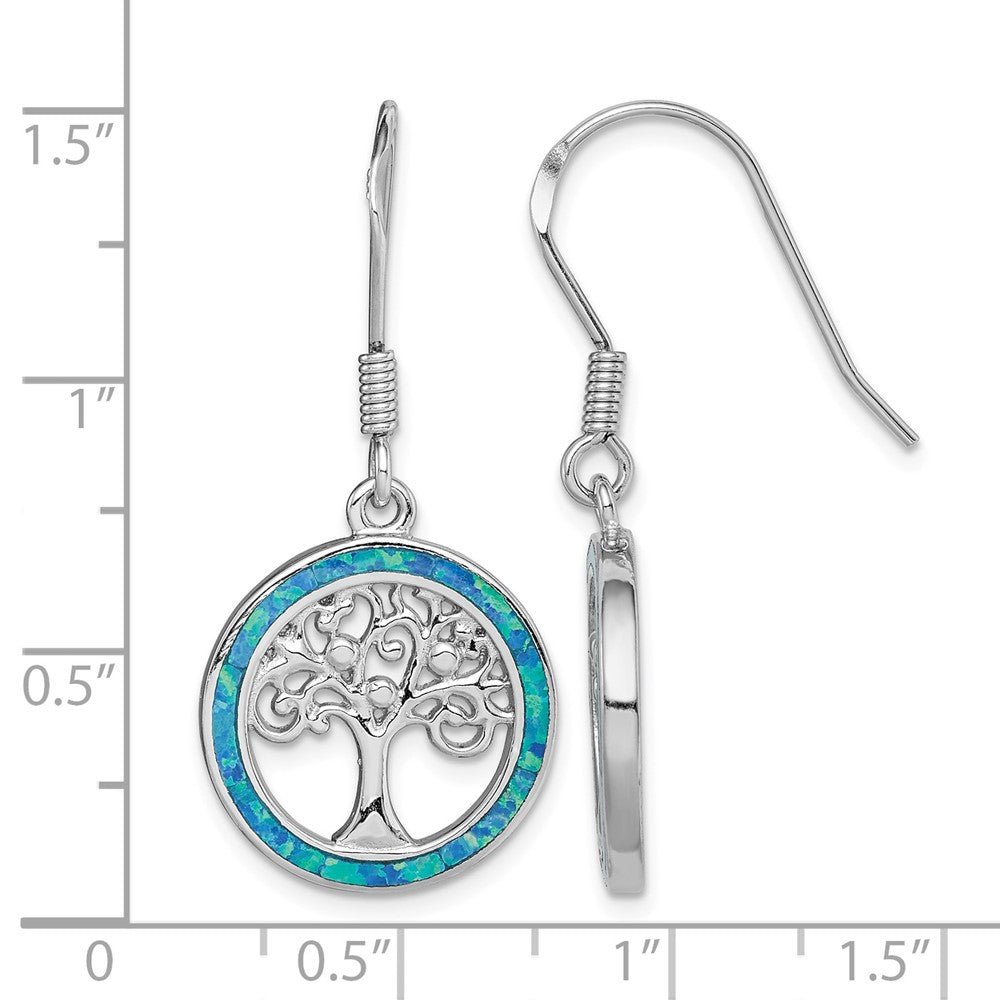 Sterling Silver Rhodium-plated Creat Blue Opal w/ Tree Dangle Earrings