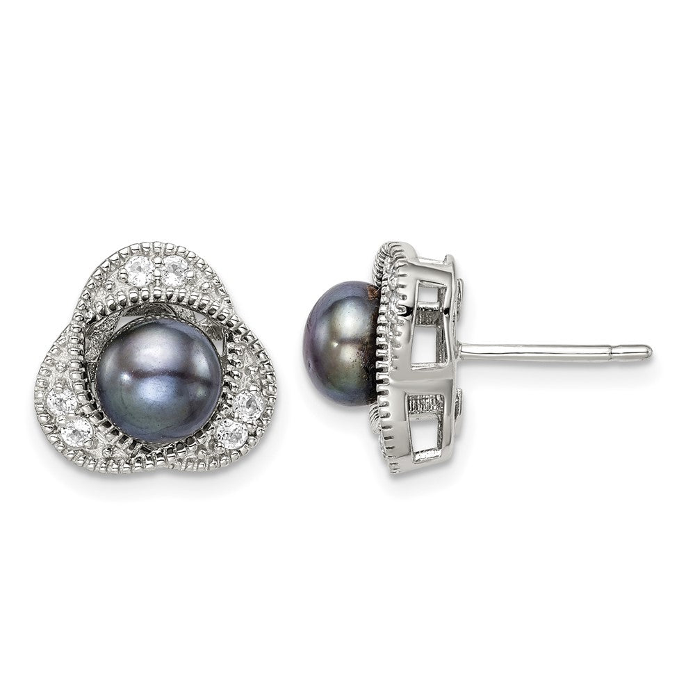 Sterling Silver RH-pltd Black 6-7mm FWC Pearl/Wht Topaz Post Earrings