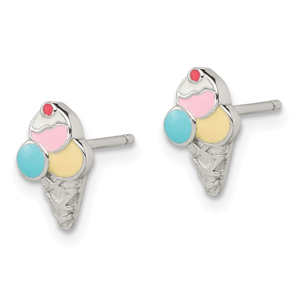 Sterling Silver Rhodium-plated Enameled Ice Cream Cone Post Earrings