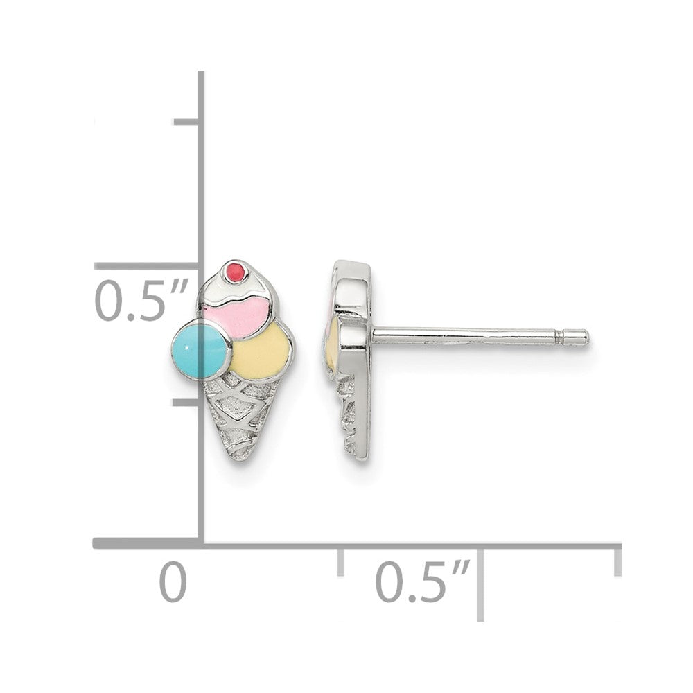 Sterling Silver Rhodium-plated Enameled Ice Cream Cone Post Earrings