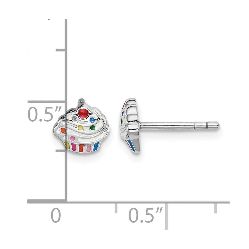 Sterling Silver Rhodium-plated Childs Enameled Cupcake Post Earrings