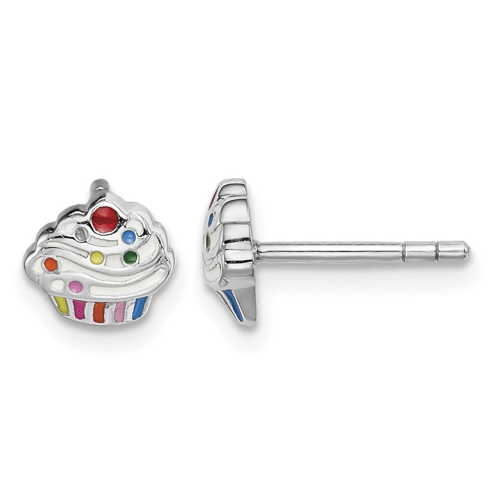 Sterling Silver Rhodium-plated Childs Enameled Cupcake Post Earrings