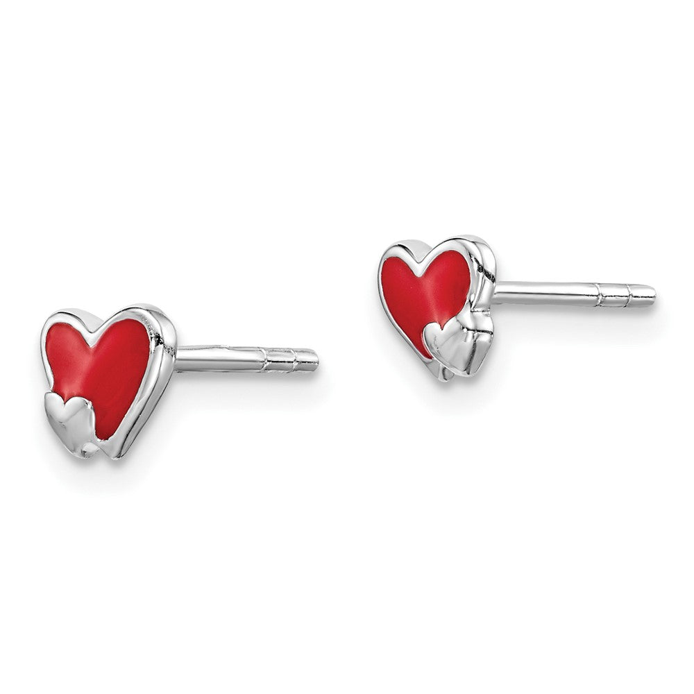 Sterling Silver RH-plated Red Enameled Double Heart Petite Post Earrings