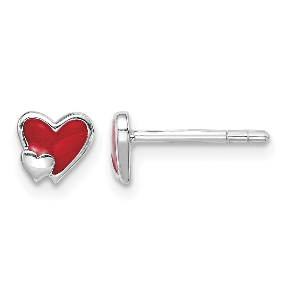 Sterling Silver RH-plated Red Enameled Double Heart Petite Post Earrings