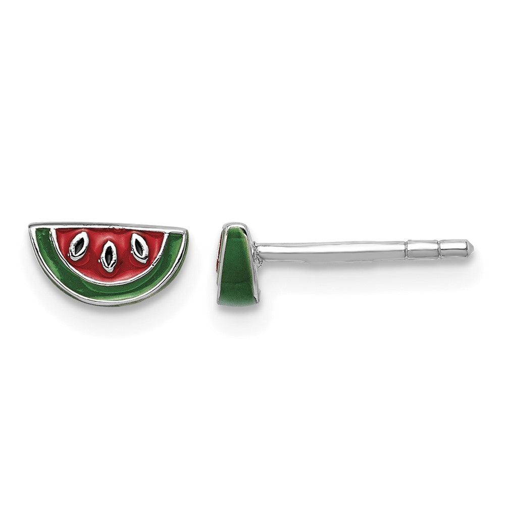Sterling Silver RH-plated Enameled Watermelon Petite Post Earrings