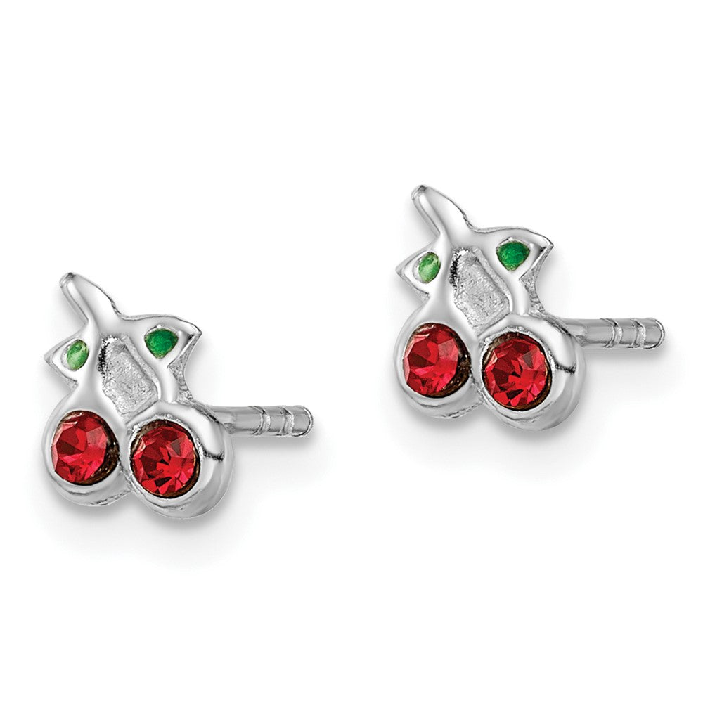 Sterling Silver RH-plated Red & Green Crystal Cherries Post Earrings