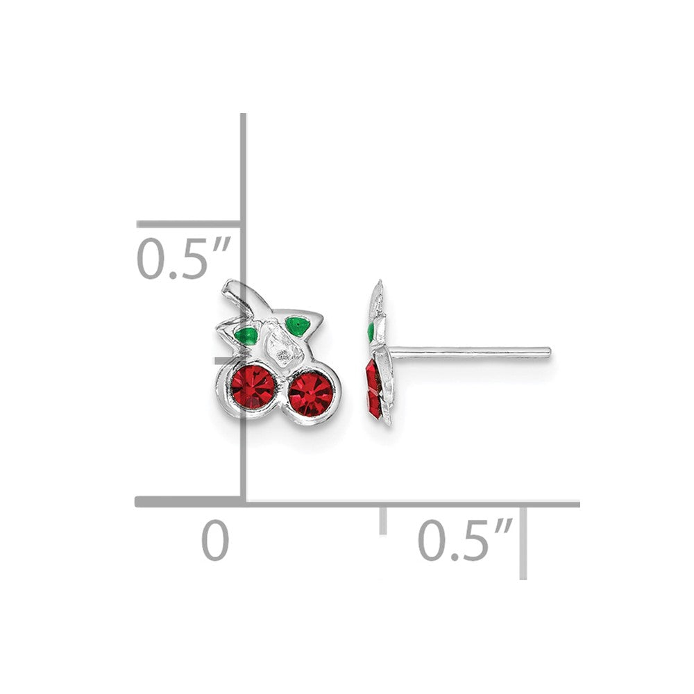 Sterling Silver RH-plated Red & Green Crystal Cherries Post Earrings