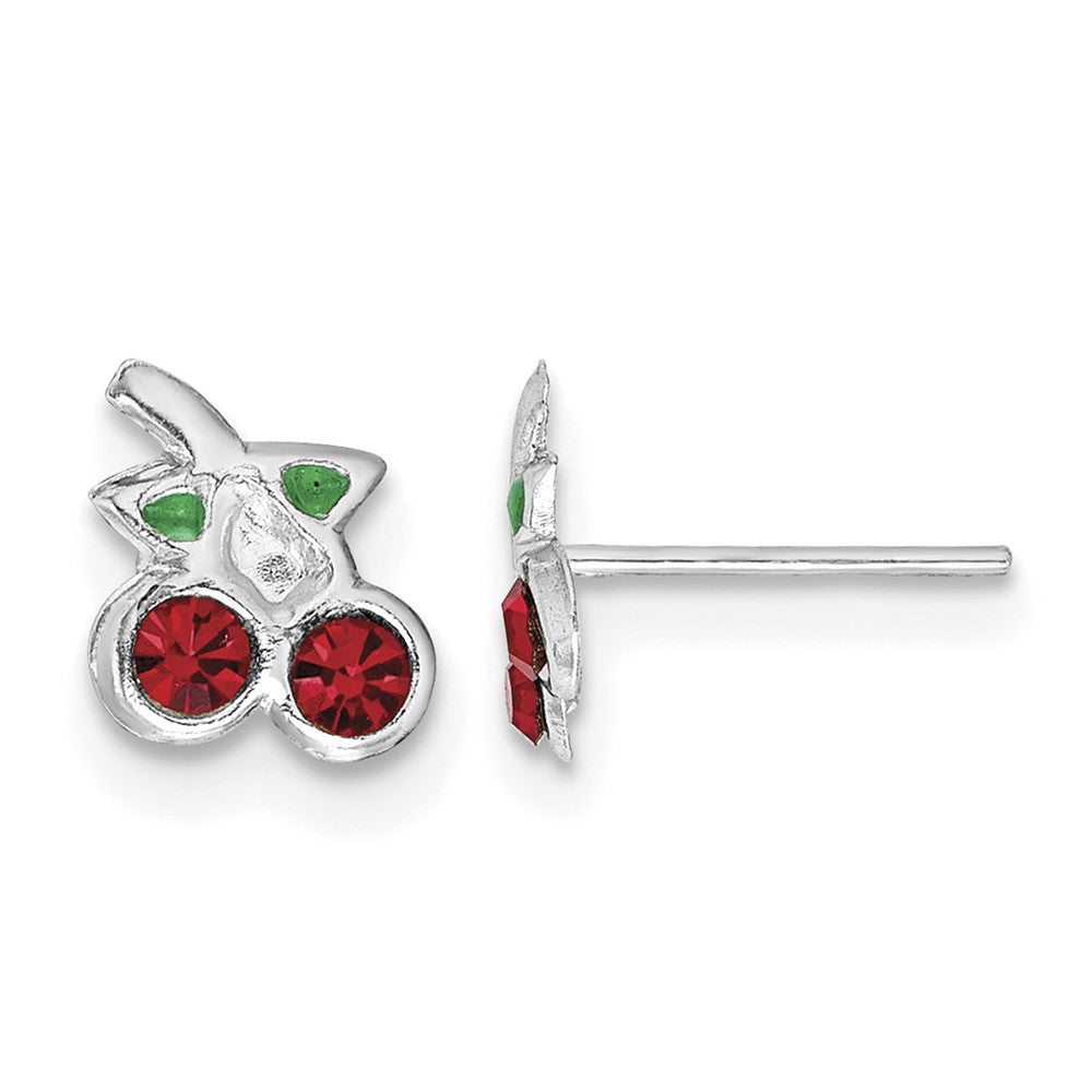 Sterling Silver RH-plated Red & Green Crystal Cherries Post Earrings