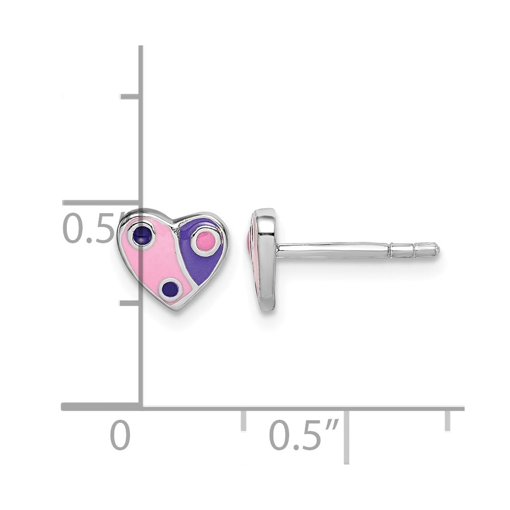 Sterling Silver RH-plated Pink & Purple Enameled Heart Post Earrings