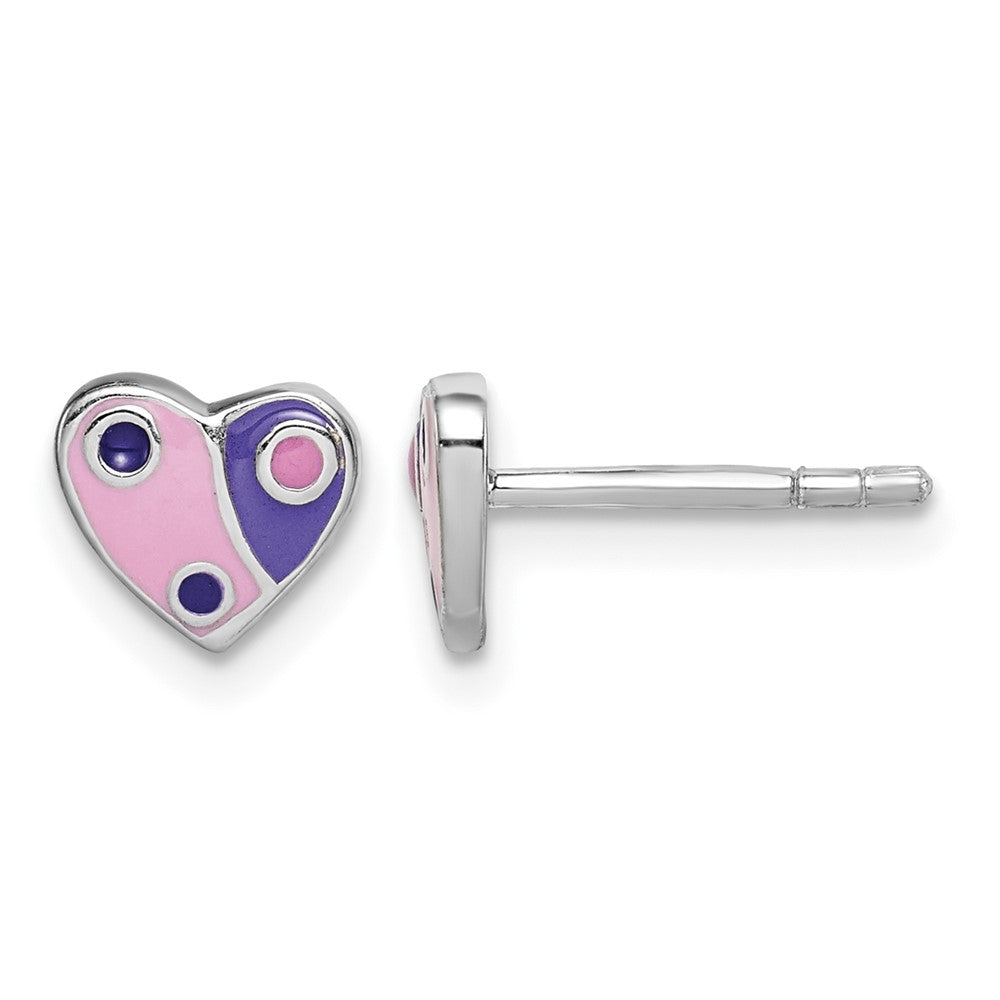 Sterling Silver RH-plated Pink & Purple Enameled Heart Post Earrings