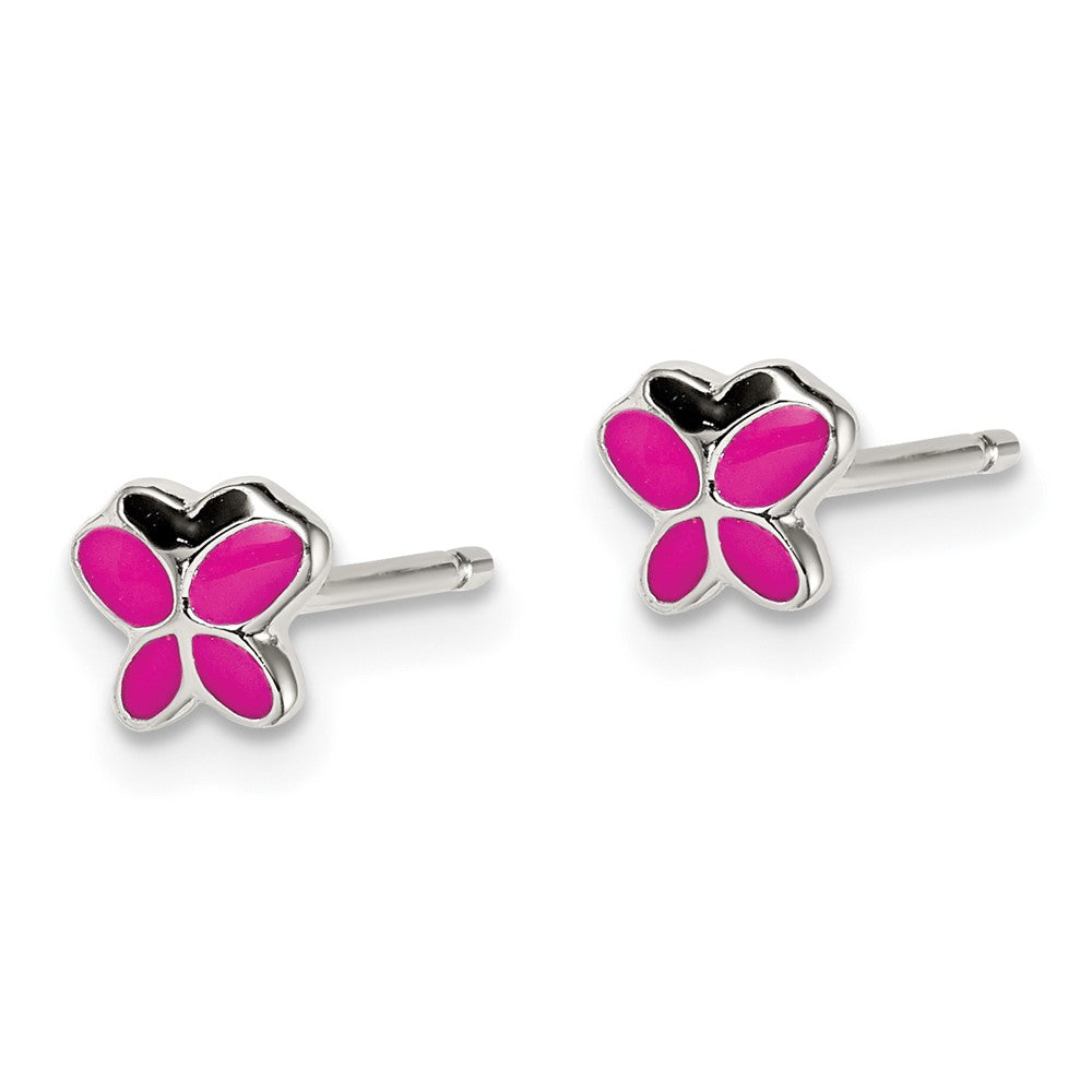 Sterling Silver RH-pltd Pink/Black Enamel Petite Butterfly Post Earrings
