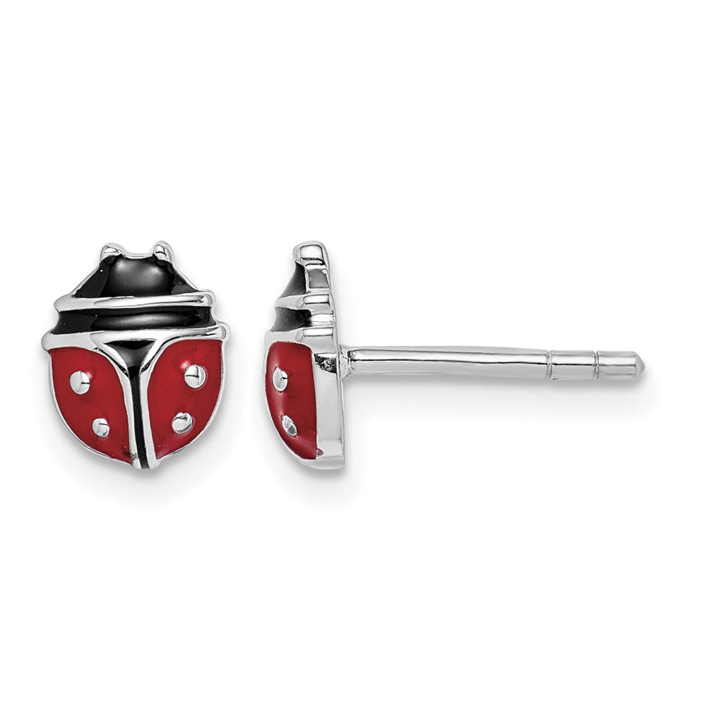 Sterling Silver RH-plated Enameled Ladybug Petite Post Earrings