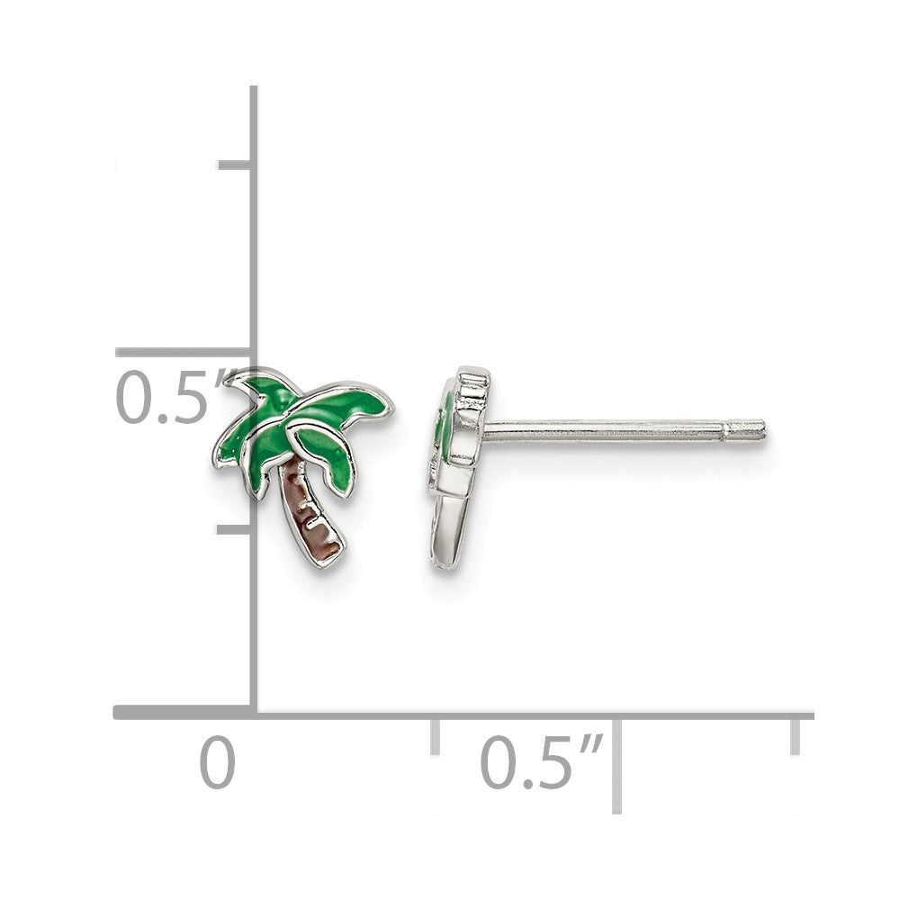 Sterling Silver Rhodium-plated Polished Enameled Palm Tree Post Earrings
