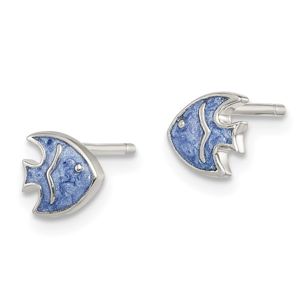 Sterling Silver Rhodium-plated Polished Blue Enameled Fish Post Earrings