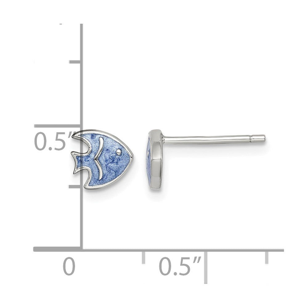 Sterling Silver Rhodium-plated Polished Blue Enameled Fish Post Earrings