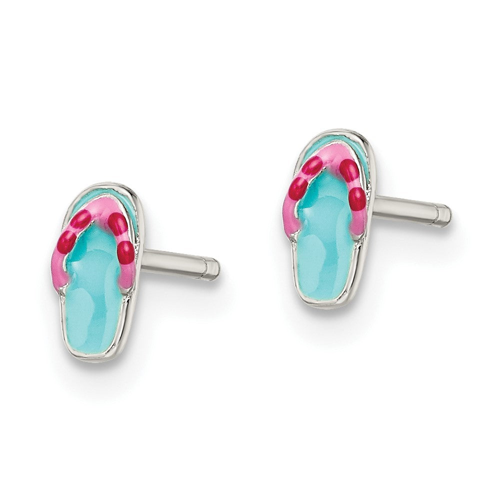 Sterling Silver Rhodium-plated Teal & Pink Enamel Flip Flop Post Earrings