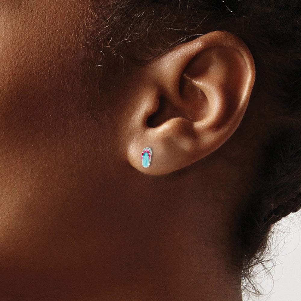 Sterling Silver Rhodium-plated Teal & Pink Enamel Flip Flop Post Earrings