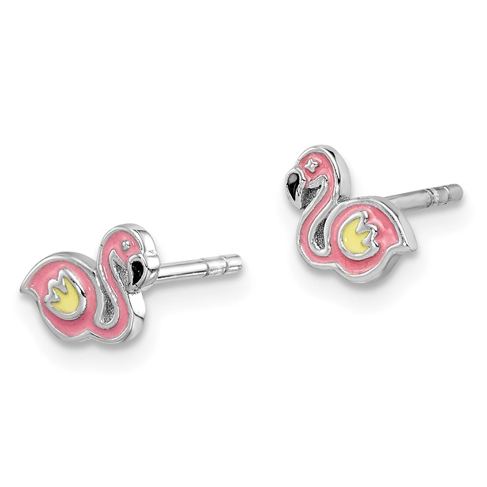 Sterling Silver Rhodium-plated Enameled Flamingo Post Earrings