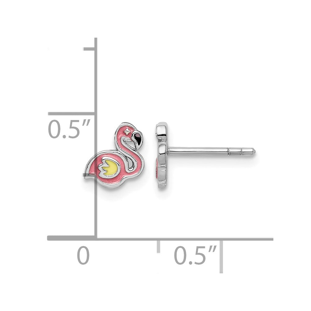 Sterling Silver Rhodium-plated Enameled Flamingo Post Earrings