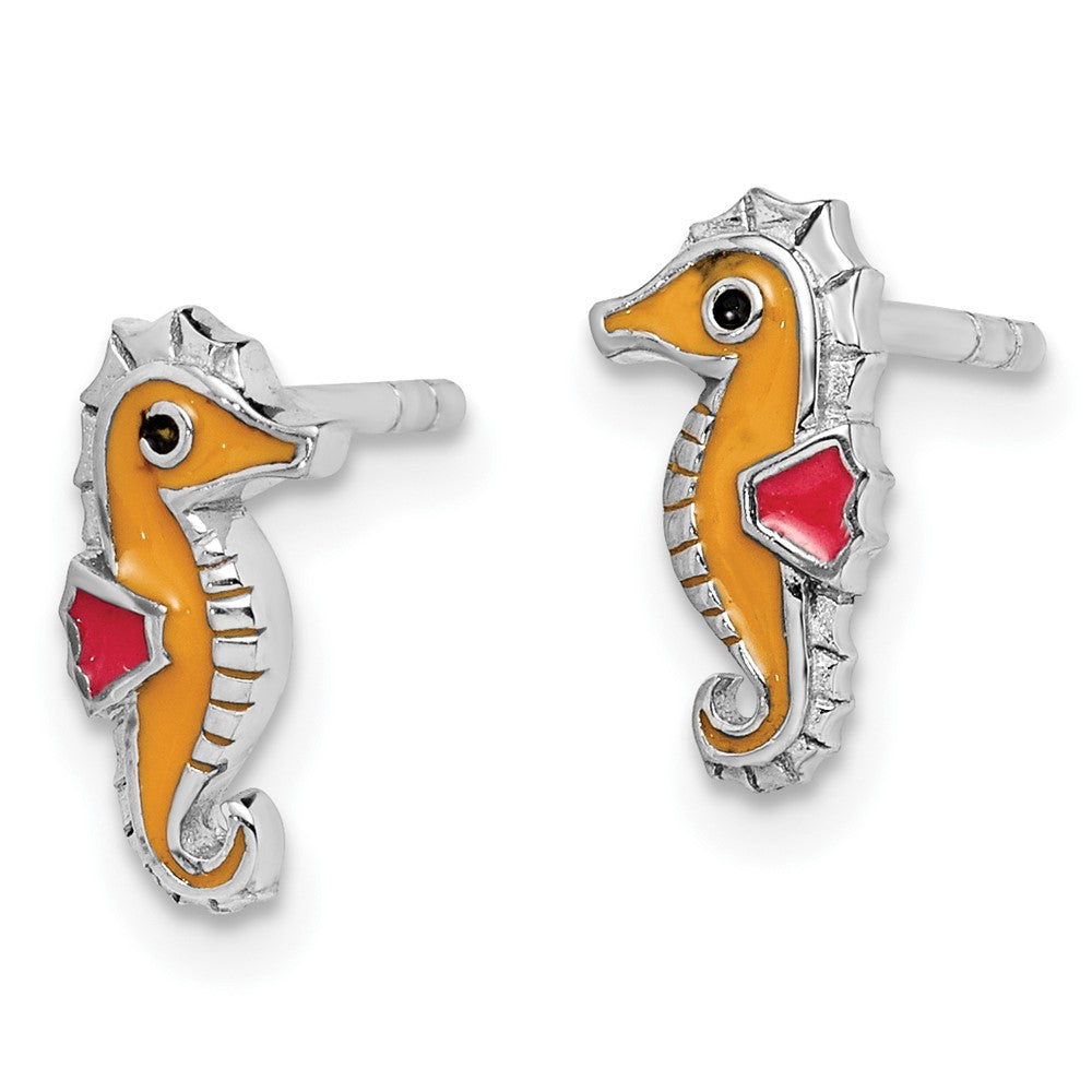 Sterling Silver Rhodium-plated Multi-color Enameled Seahorse Post Earrings