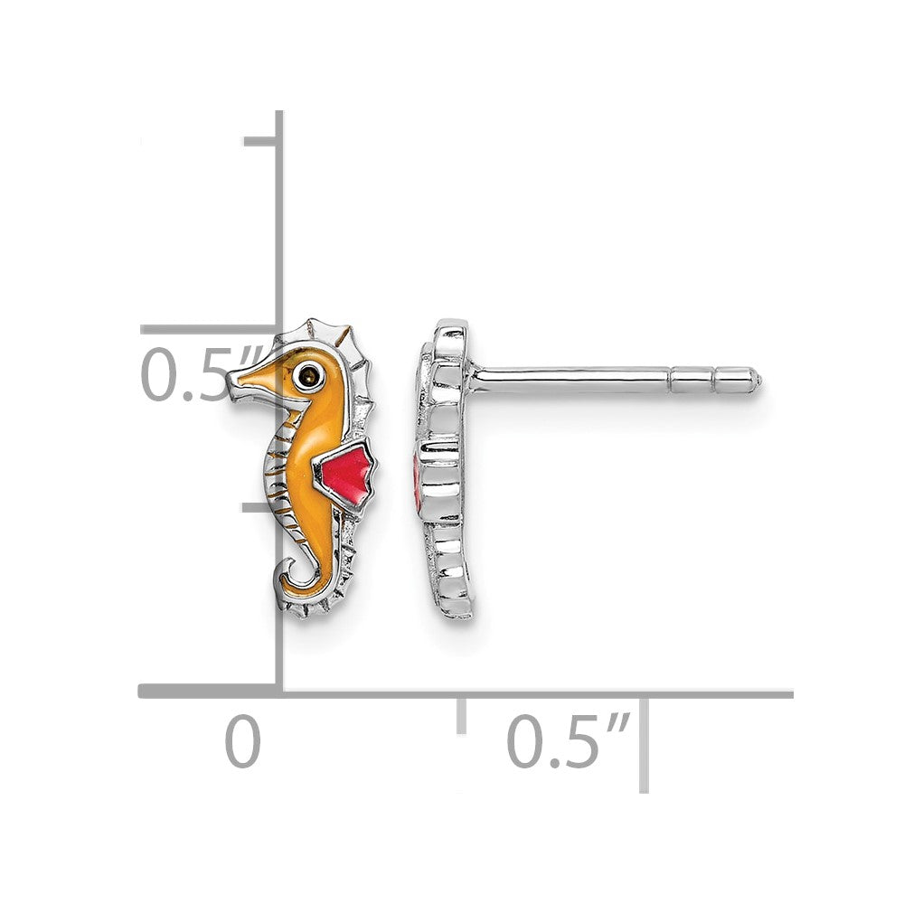 Sterling Silver Rhodium-plated Multi-color Enameled Seahorse Post Earrings