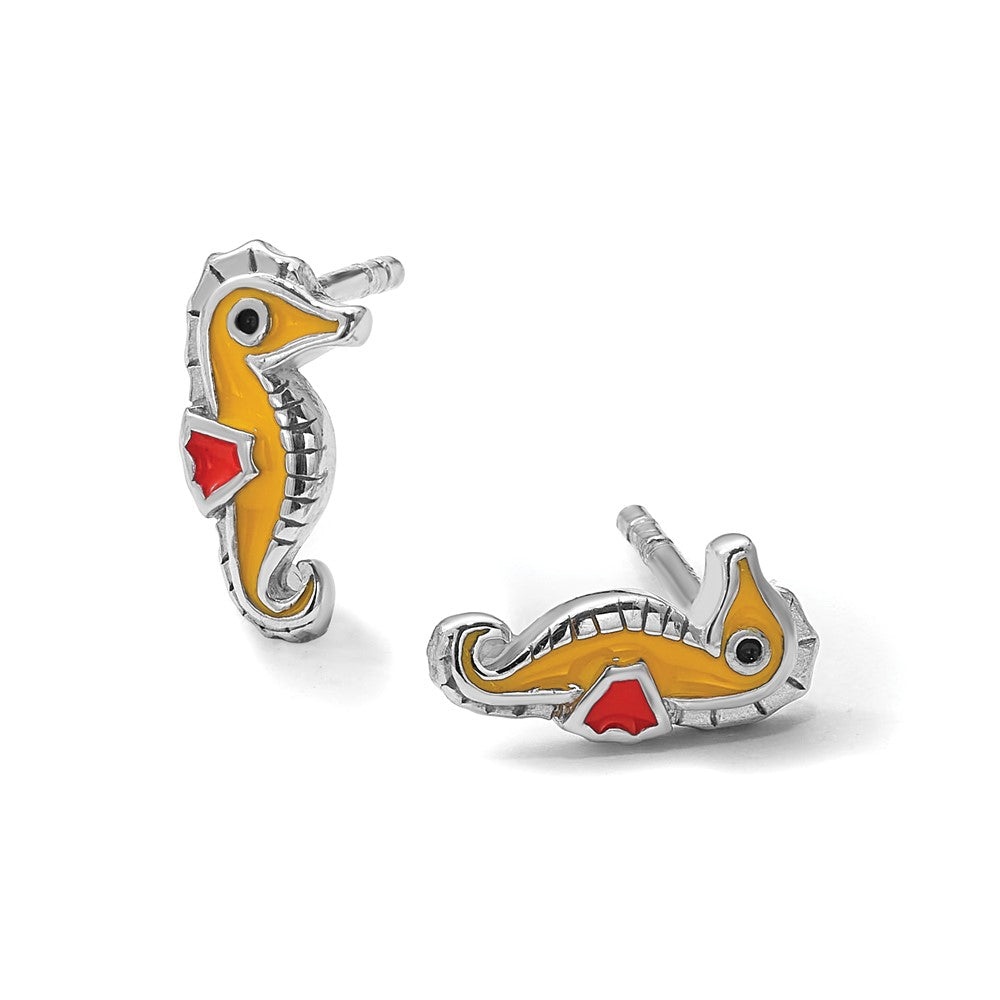 Sterling Silver Rhodium-plated Multi-color Enameled Seahorse Post Earrings