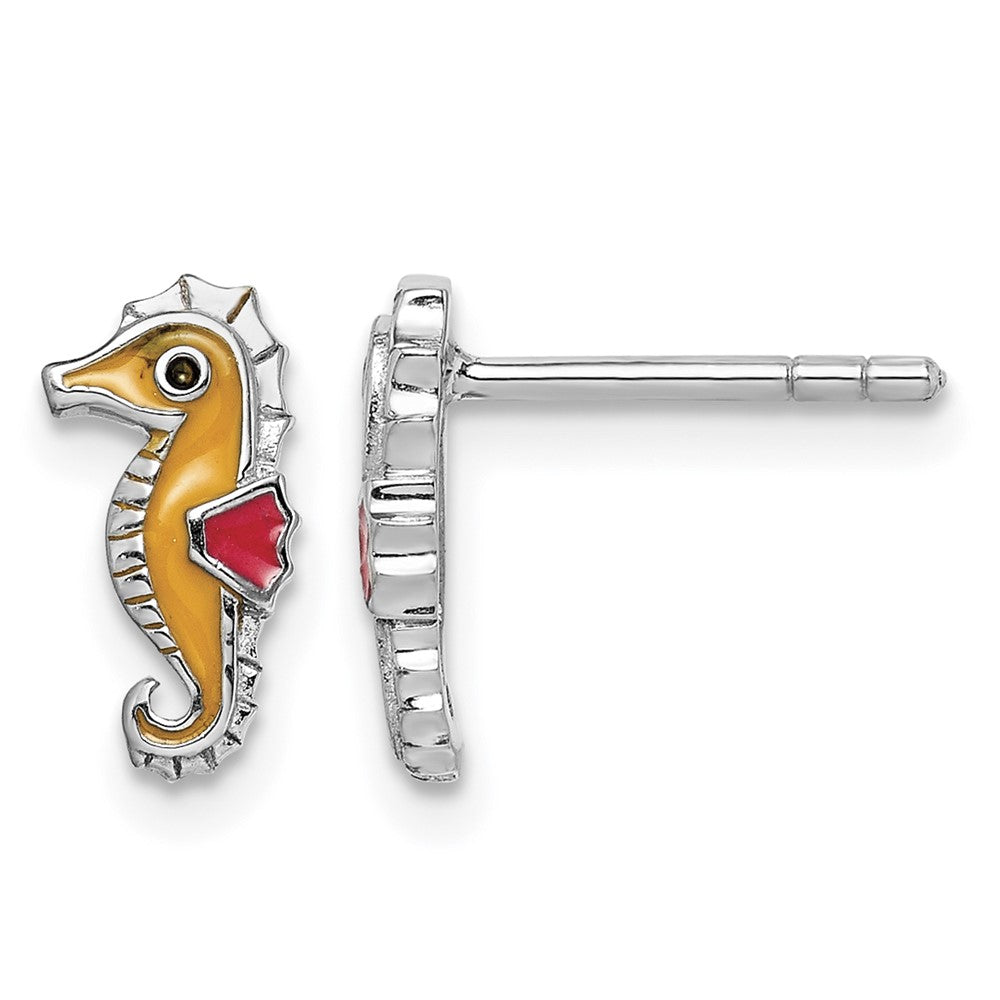 Sterling Silver Rhodium-plated Multi-color Enameled Seahorse Post Earrings
