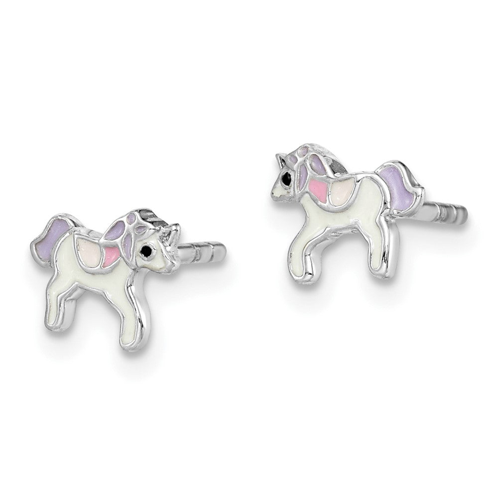 Sterling Silver Rhodium-plated Enameled Unicorn Post Earrings