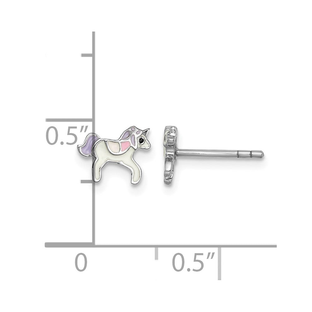 Sterling Silver Rhodium-plated Enameled Unicorn Post Earrings