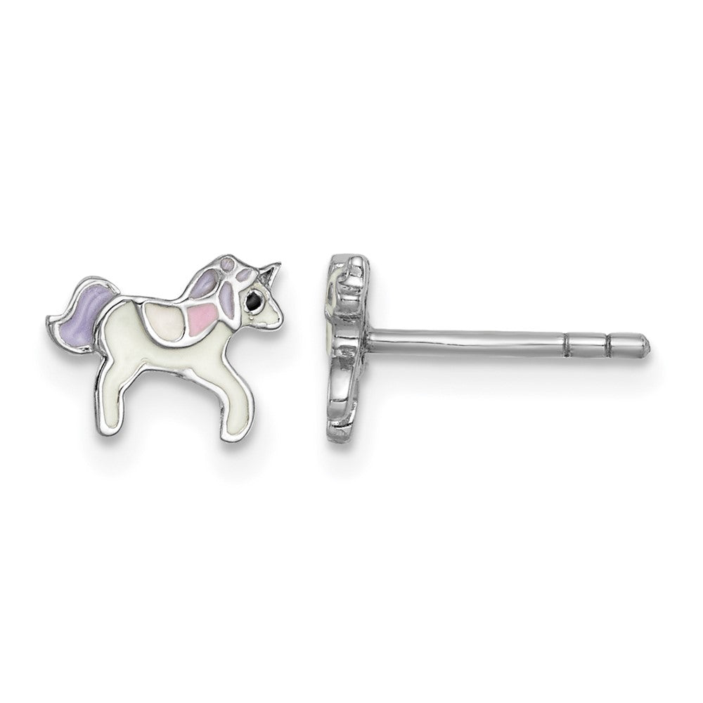 Sterling Silver Rhodium-plated Childs Enameled Unicorn Post Earrings
