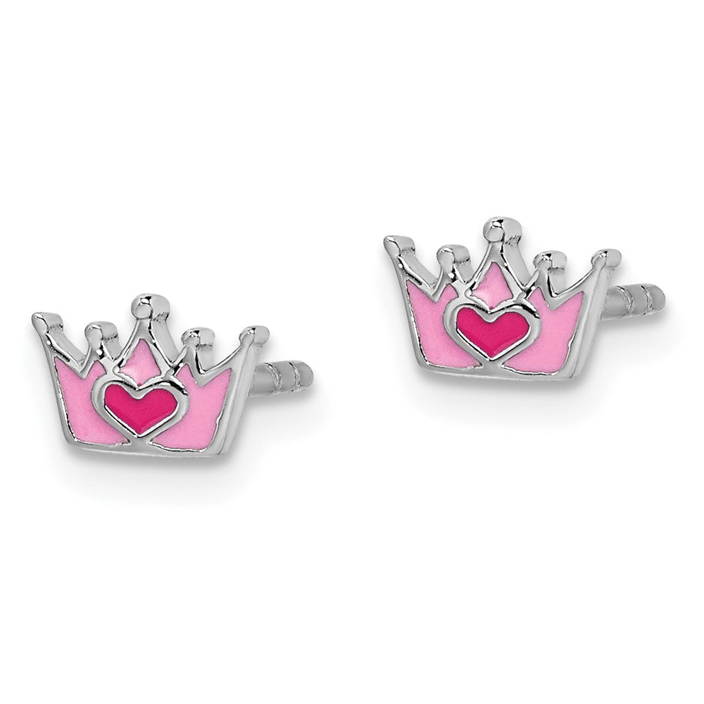 Sterling Silver RH-plated Enameled Pink Crown Petite Post Earrings