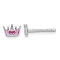 Sterling Silver RH-plated Enameled Pink Crown Petite Post Earrings