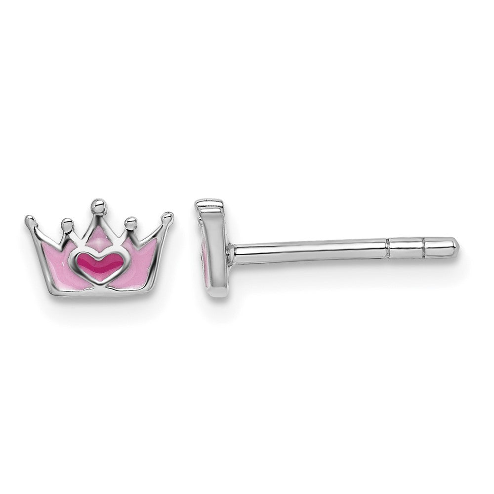 Sterling Silver RH-plated Enameled Pink Crown Petite Post Earrings