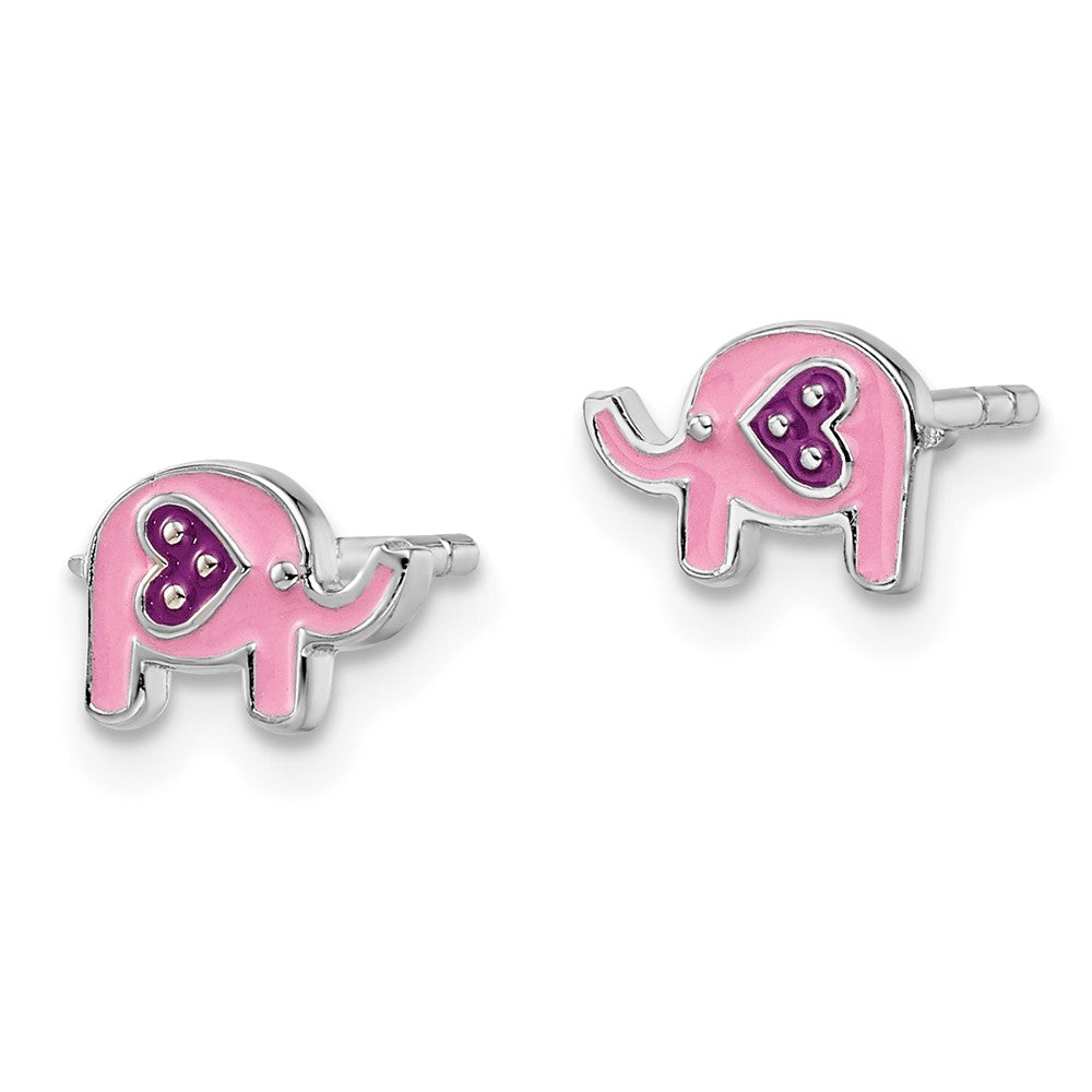 Sterling Silver RH-plated Childs Enameled Pink Elephant Post Earrings