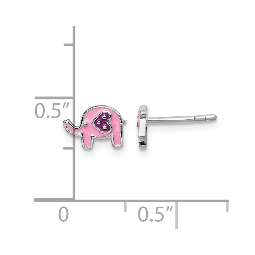 Sterling Silver RH-plated Childs Enameled Pink Elephant Post Earrings