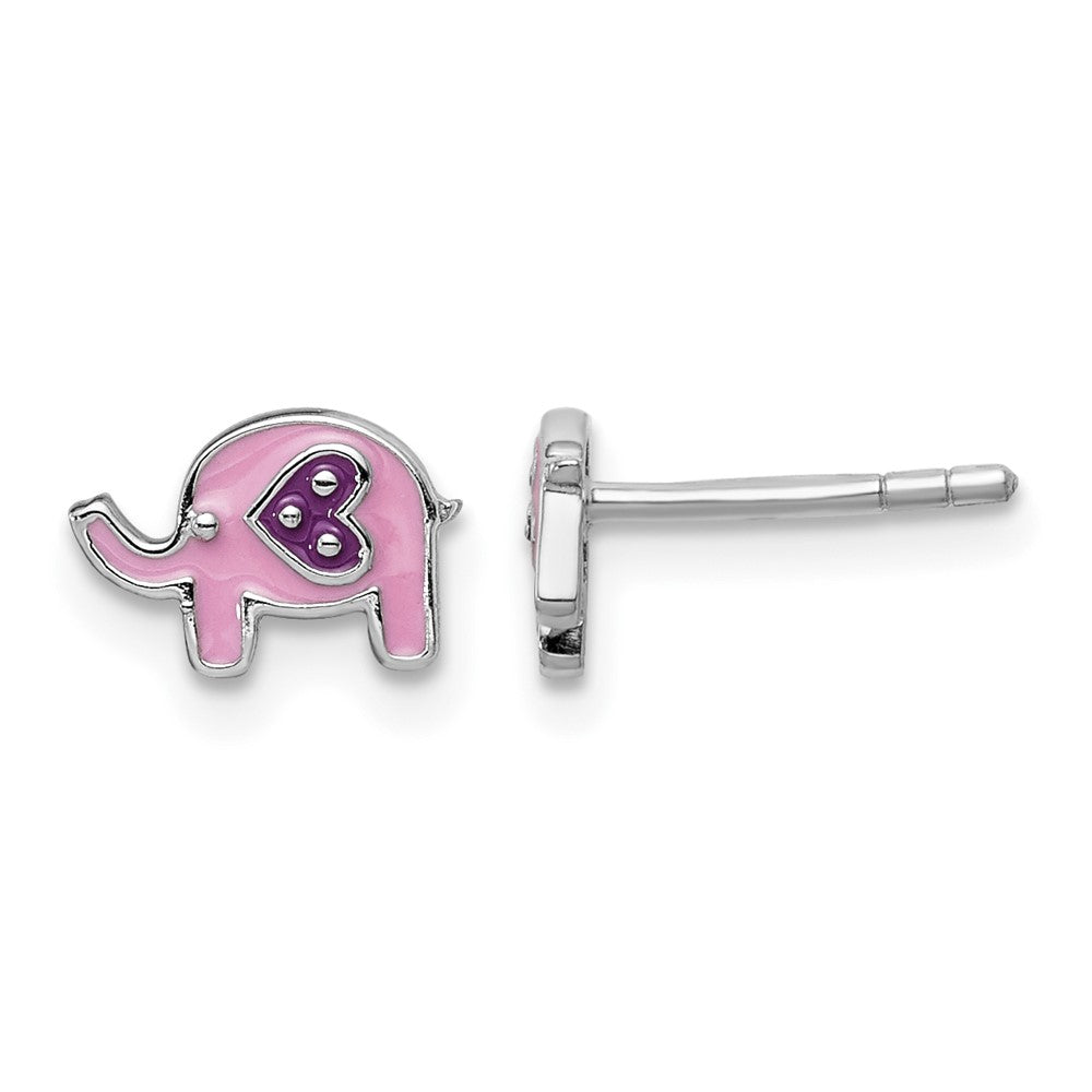 Sterling Silver RH-plated Childs Enameled Pink Elephant Post Earrings