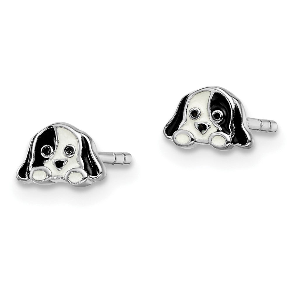 Sterling Silver Rhodium-plated Black/White Enameled Puppy Post Earrings