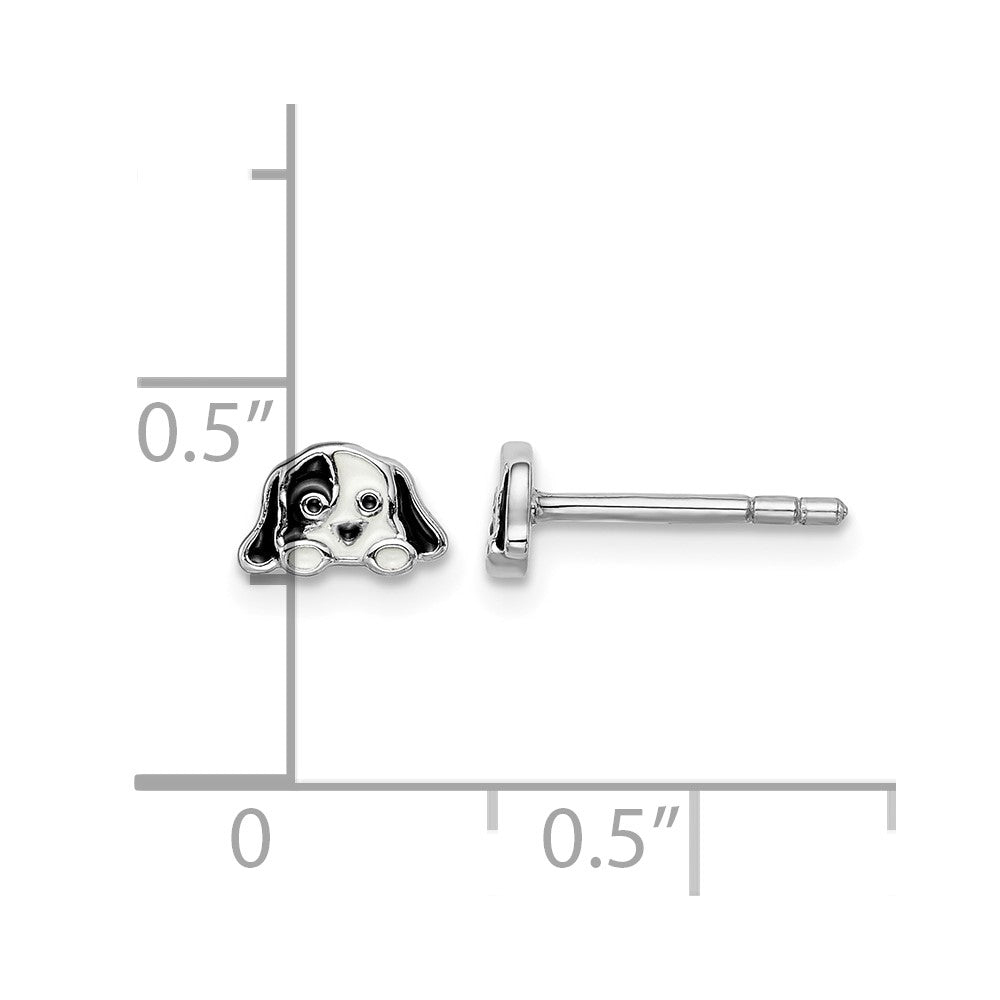 Sterling Silver Rhodium-plated Black/White Enameled Puppy Post Earrings
