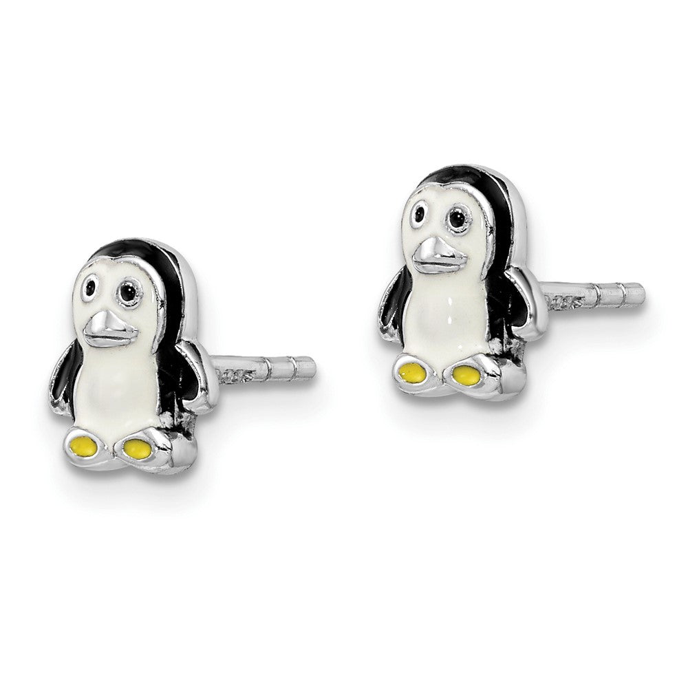 Sterling Silver Rhodium-plated Enameled Penguin Post Earrings